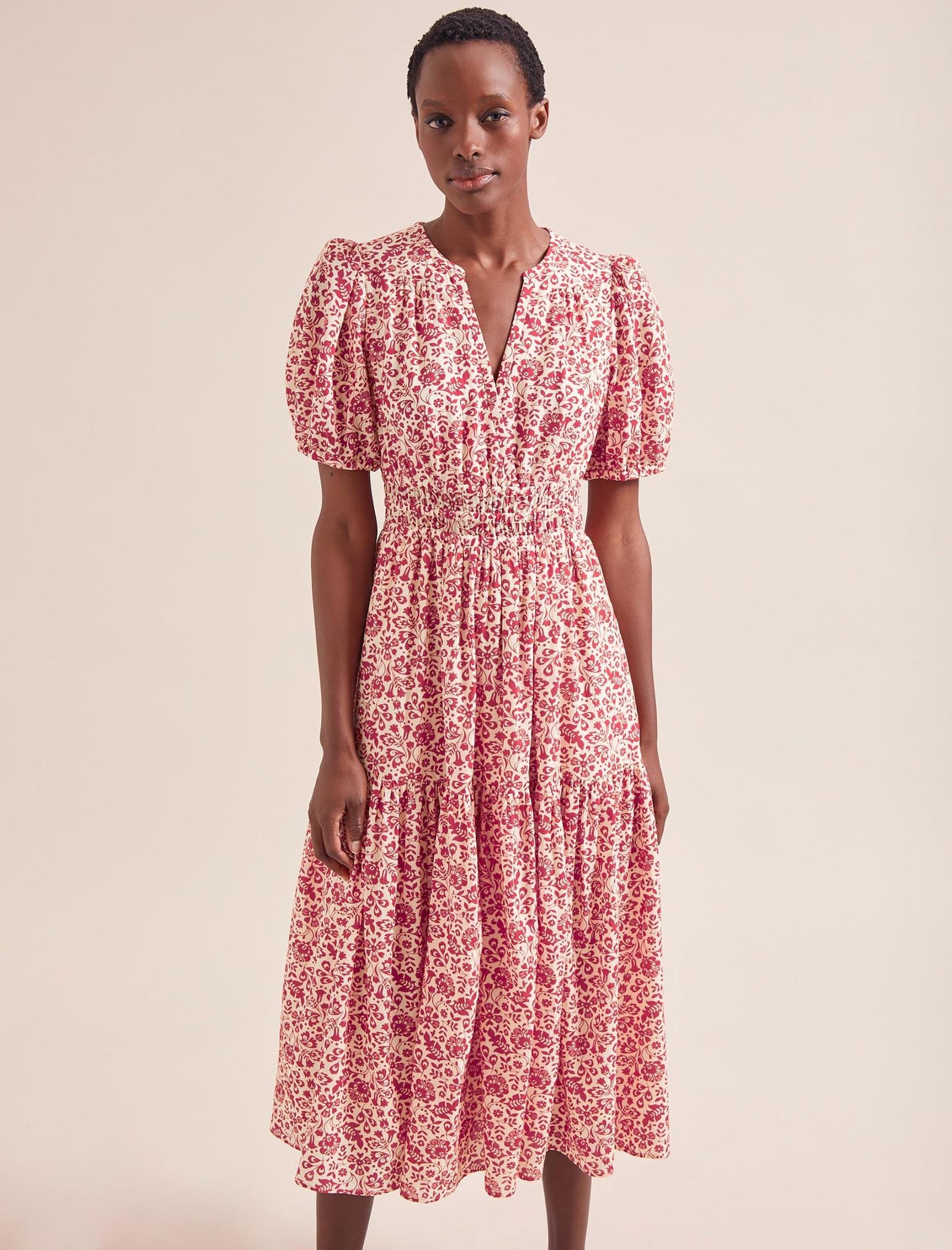Olive Cotton Blend Midi Dress - Red Mono Floral Print - Image 4
