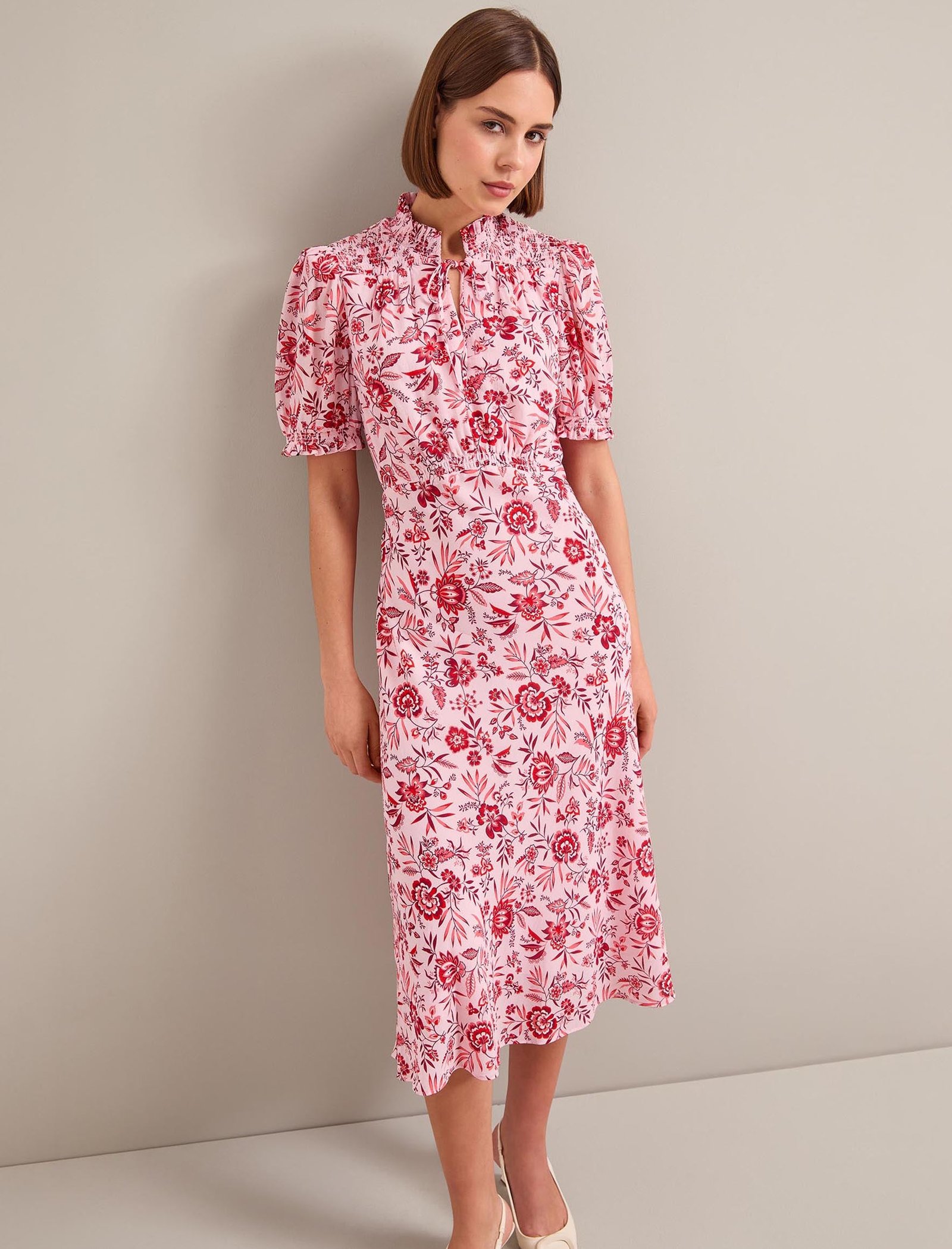 Irina Cotton Blend Midi Dress - Pink Palm Floral Print - Image 6