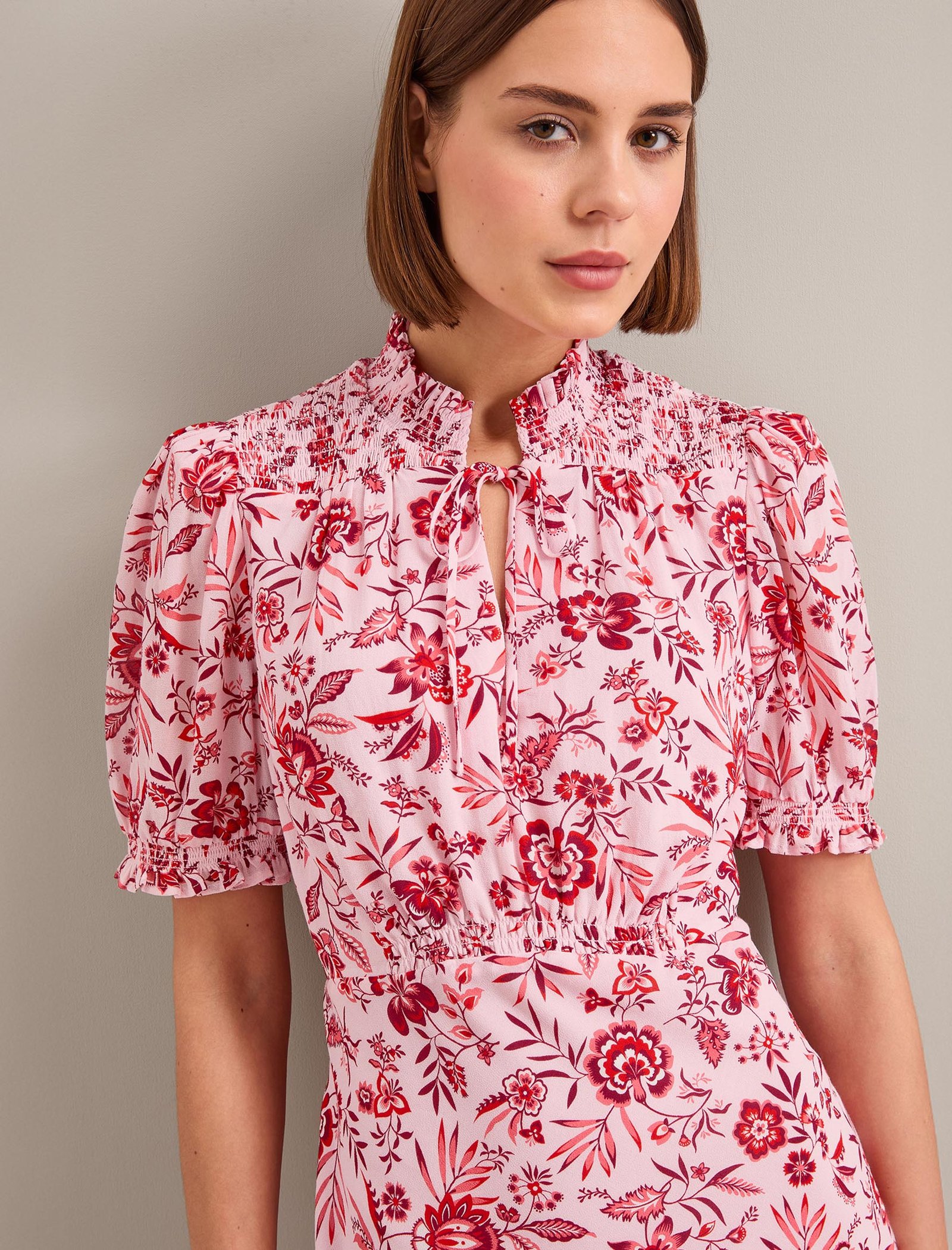 Irina Cotton Blend Midi Dress - Pink Palm Floral Print - Image 4