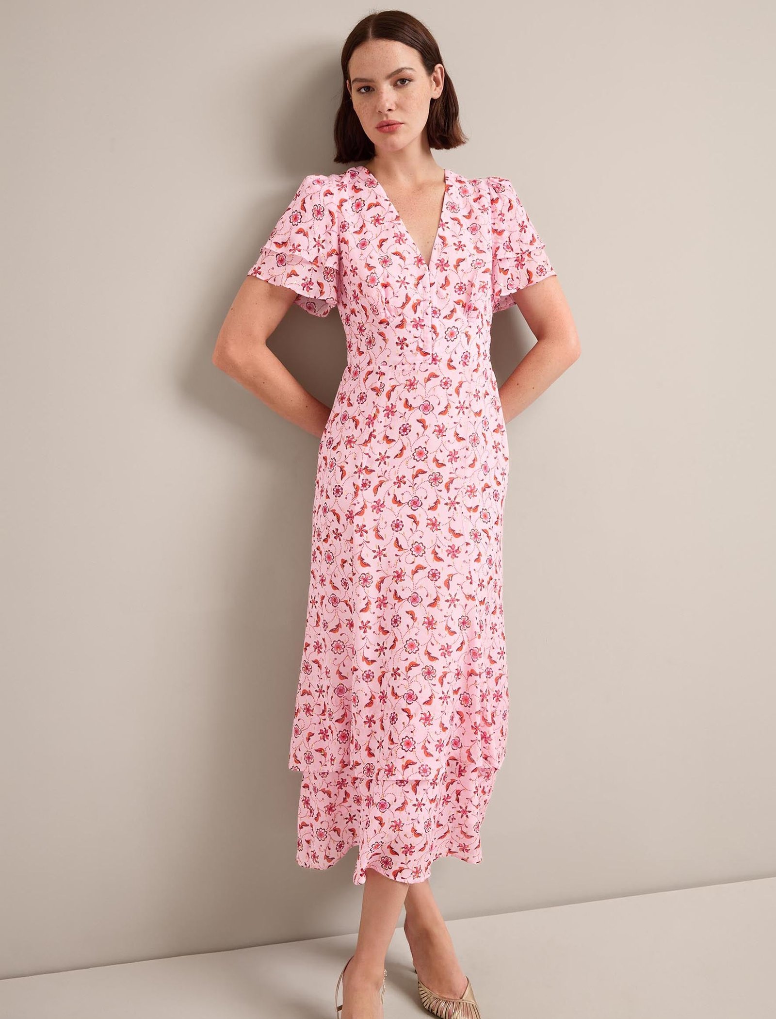 Lotta Gold Metallic Fil Coupé Maxi Dress - Pink Floral Trellis Print - Image 6