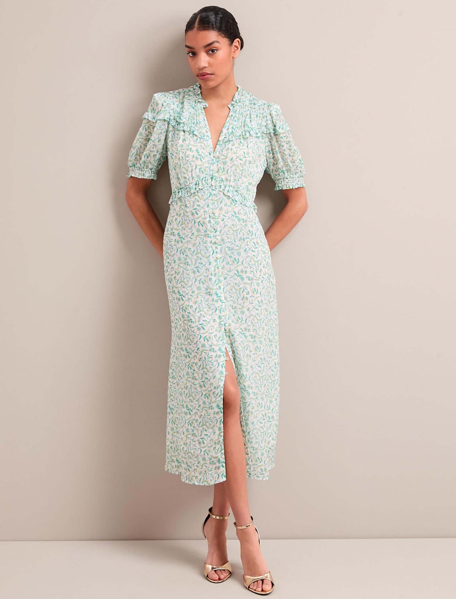 Viola Gold Metallic Fil Coupé Midi Dress - Green Yellow Trailing Feather Print - Image 6