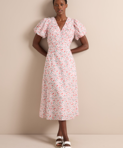 Elisa Silk Blend Midi Dress - Red Trailing Feather Print