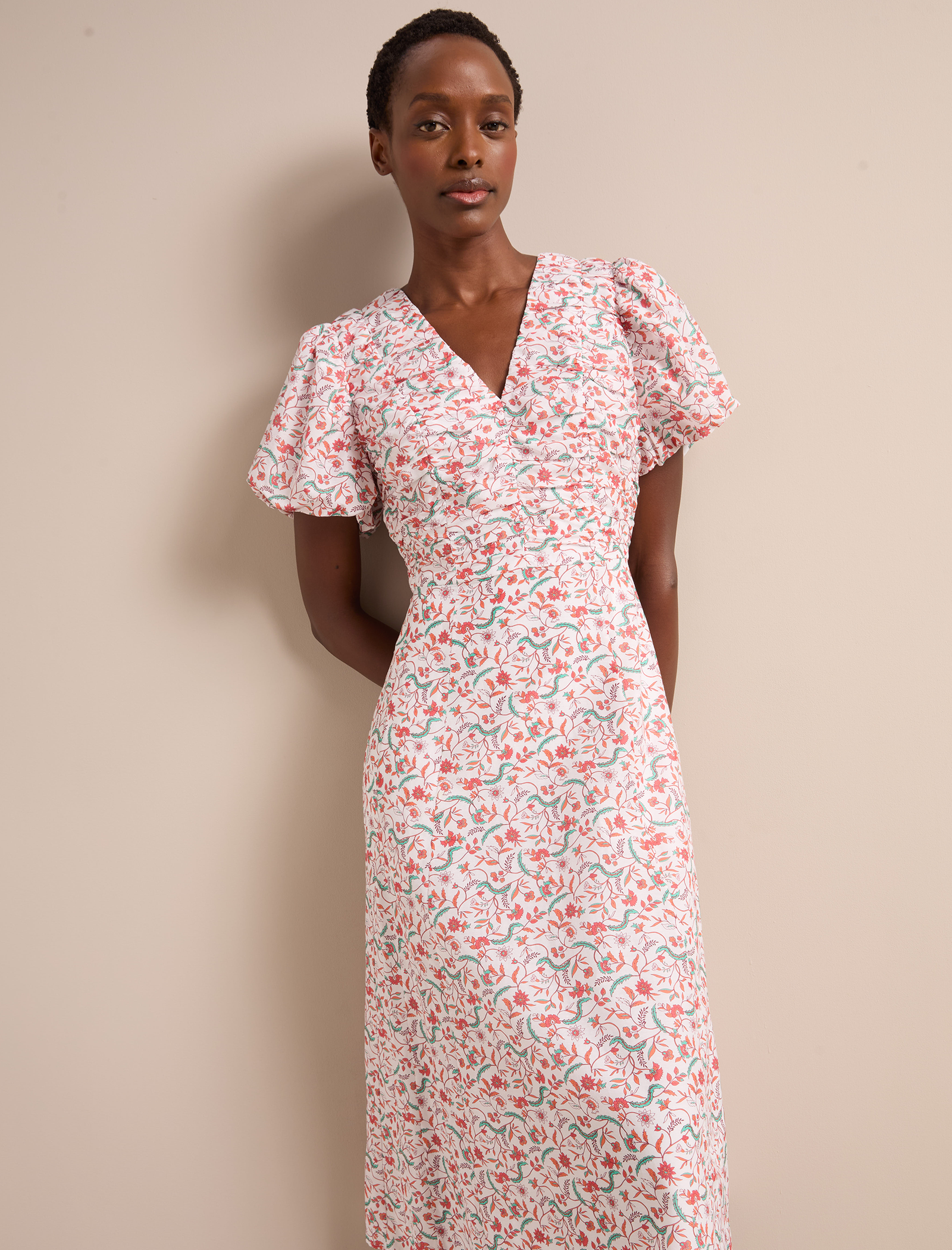 Elisa Silk Blend Midi Dress - Red Trailing Feather Print - Image 6