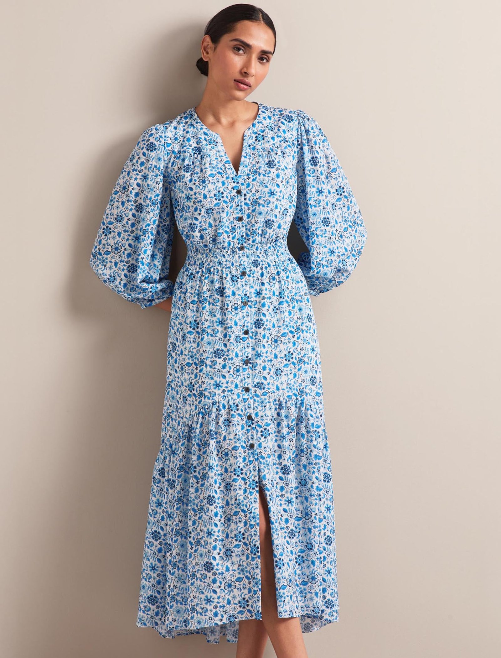 Aspen Cotton Blend Maxi Dress - White Blue Ditsy Carnation Print - Image 9